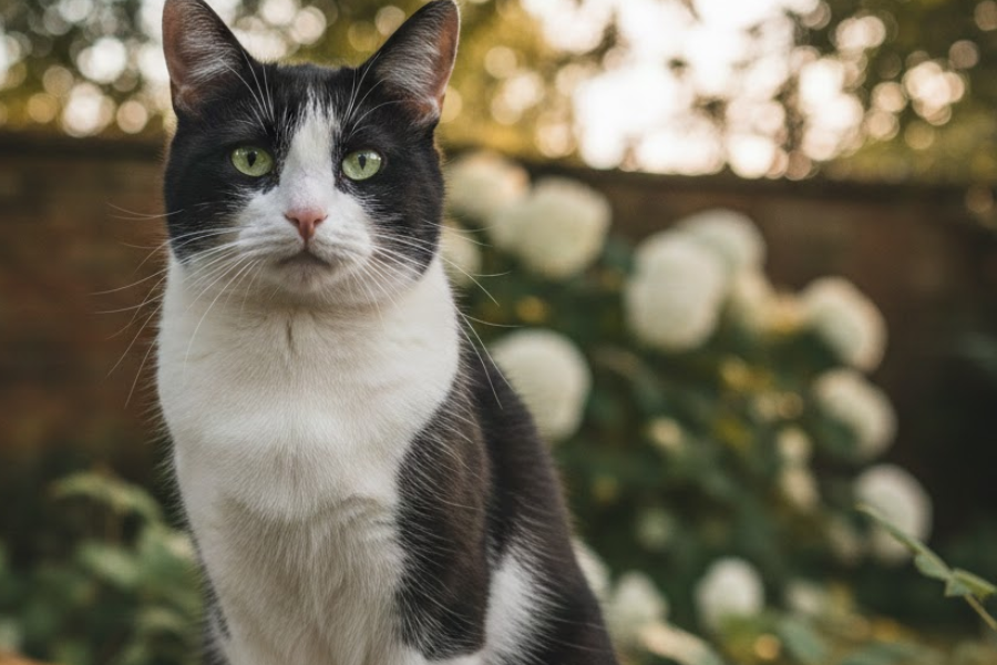 Short haired tuxedo cat with white chest and paws