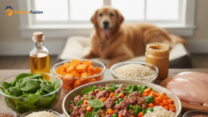 Homemade dog food recipes in a bowl with chicken, rice, and vegetables