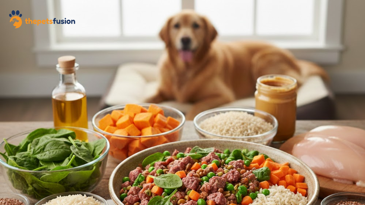 Homemade dog food recipes in a bowl with chicken, rice, and vegetables
